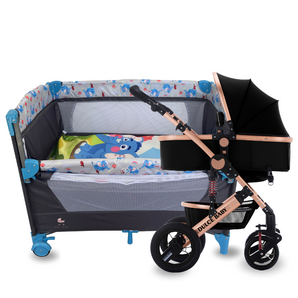 Super Combo Coche de lujo tipo moisés Negro + Cuna Corral Azul